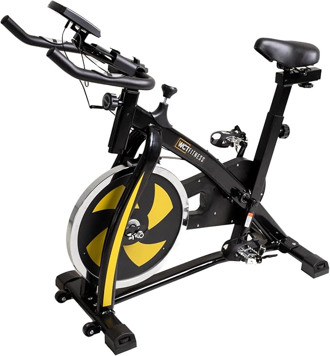 Bicicleta Ergométrica WCT Fitness Spinning Roda Inércia 13Kg Preto Amarelo Uso Doméstico Bike Exercício em Casa Sensor Cardíaco Ajuste Altura Resistência