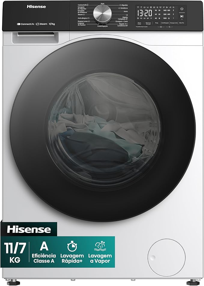 Hisense Lava e Seca, 11kg Lavagem:7kg Secagem, Wi-Fi, Steam, 13 Programas, Motor Inverter, Painel Touch, Branca WD3S11